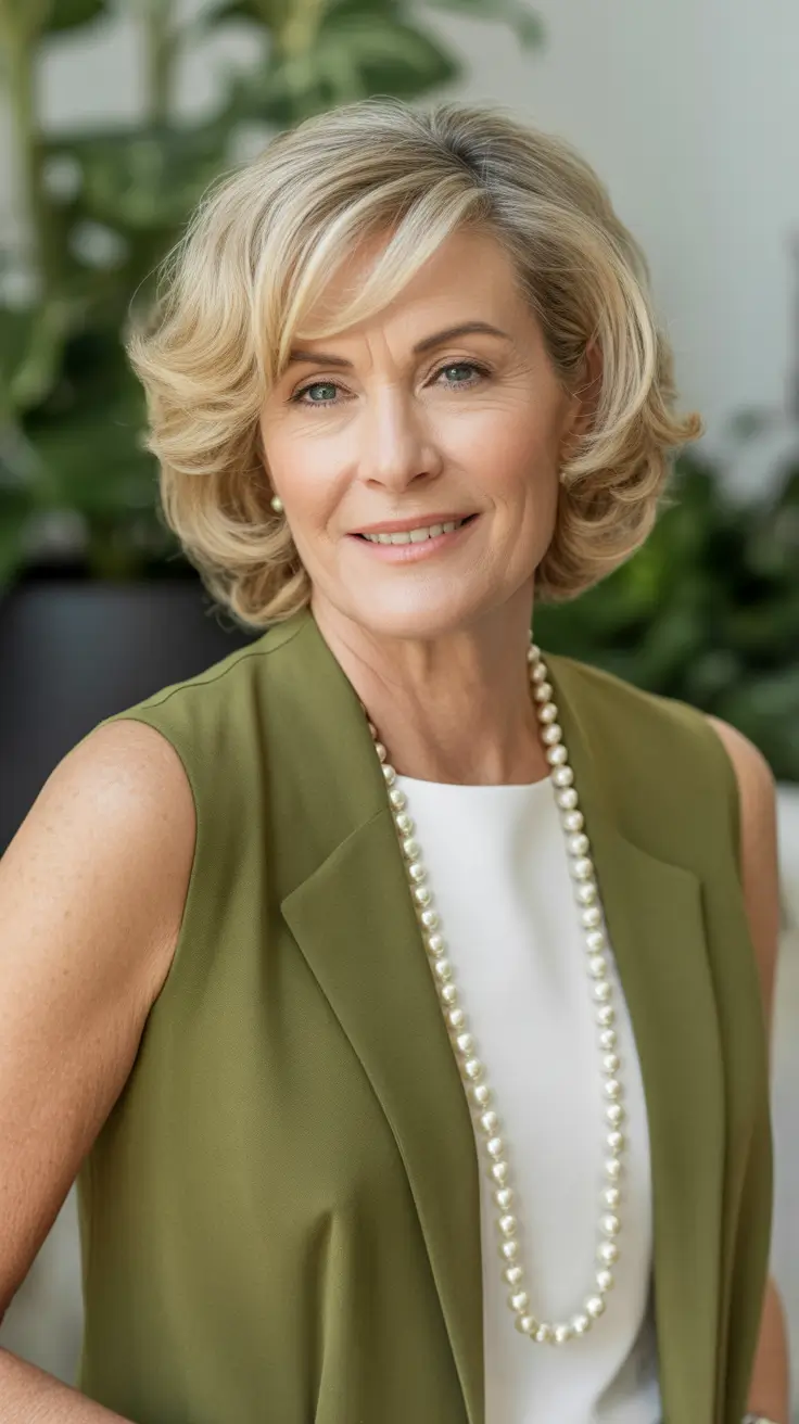 haircut ideas for women over 60 2026 Softly Curled Layered Bob