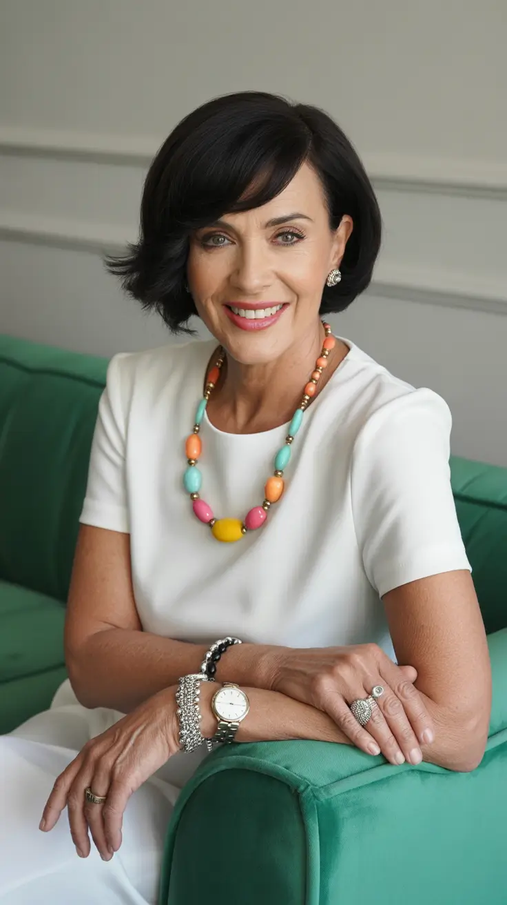 haircut ideas for women over 60 2026 Classic Jet-Black Bob