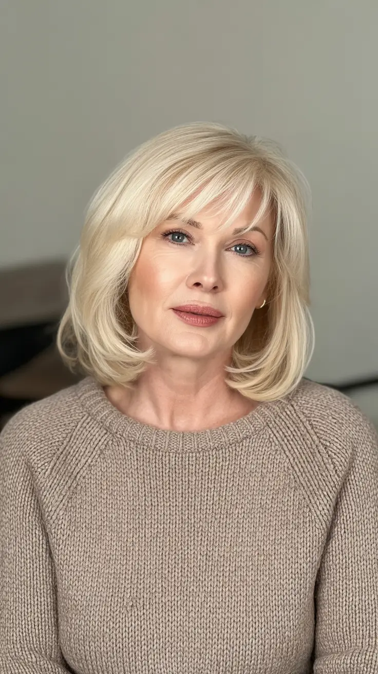 haircut ideas for women over 60 2026 Classic Medium-Length Blonde Bob