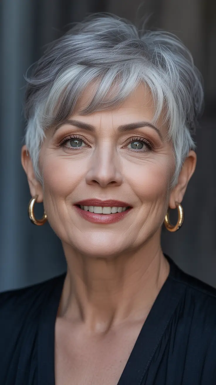 haircut ideas for women over 60 2026 Modern Silver Pixie with Layers