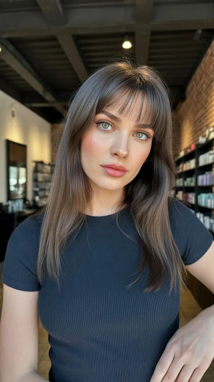 hairstyles for medium length hair 2026 Soft Brunette Layers With Wispy Bangs