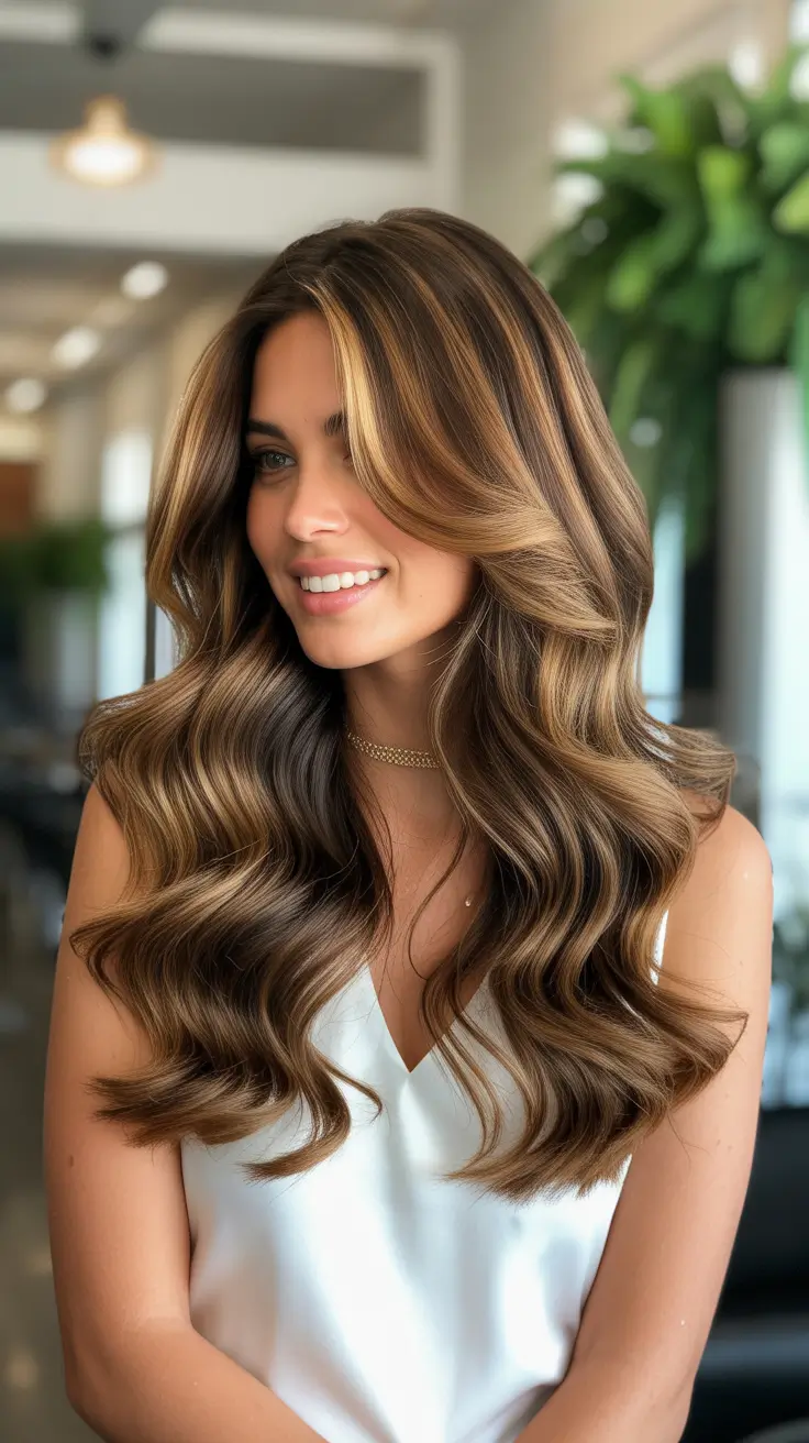 hairstyles for medium length hair 2026 Warm Brunette Ribbon Highlights