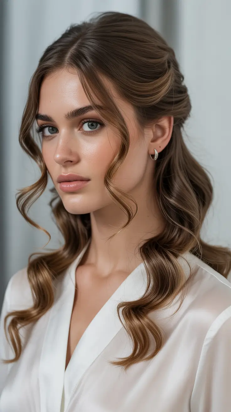Half up half down hair inspiration 2026 Soft Romantic Waves with Face Framing Balance