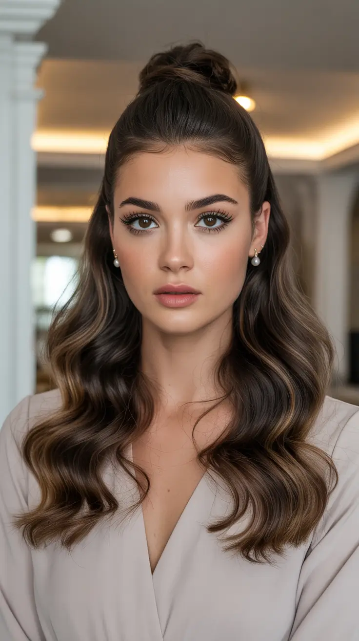 Half up half down hair inspiration 2026 Soft Half Bun with Face-Framing Bangs