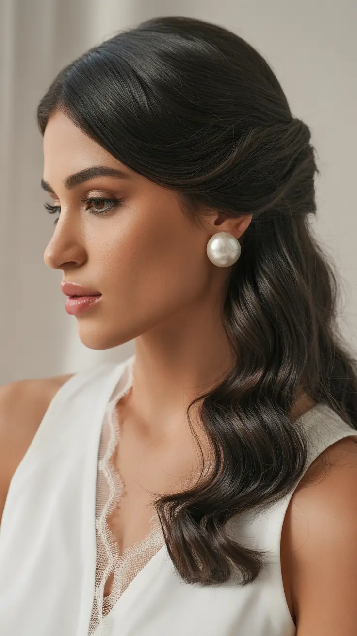 Half up half down hair inspiration 2026 Sleek Side Half Up with Pearl Elegance
