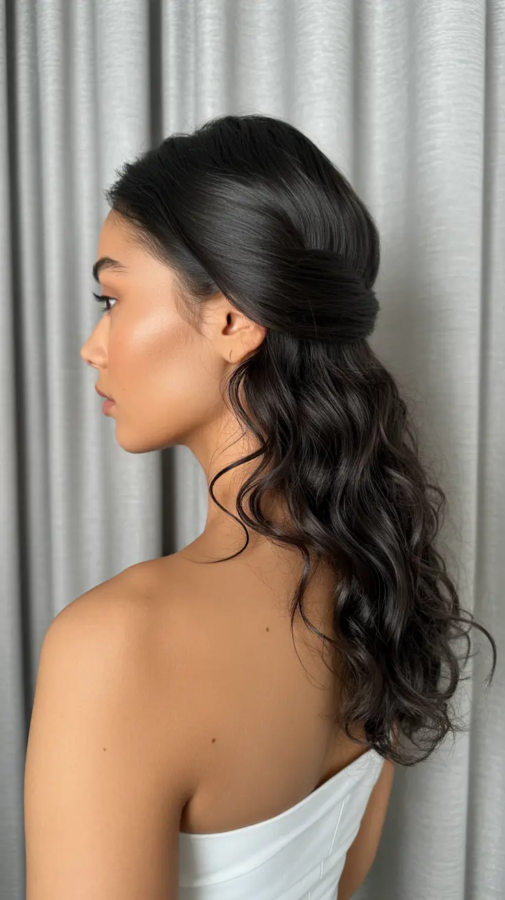 Half up half down hair inspiration 2026 Dark Gloss Waves with Minimal Volume Control