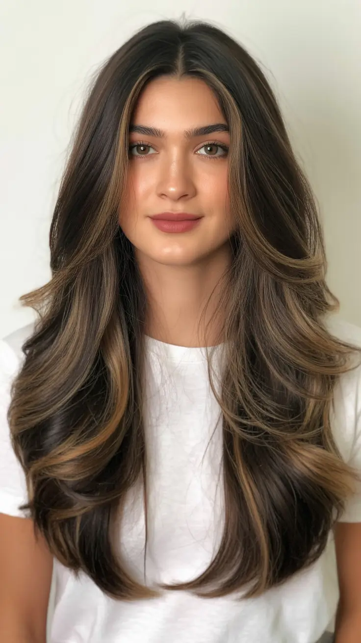 Long Haircut Ideas 2026 Toffee Balayage with Curtain Bangs
