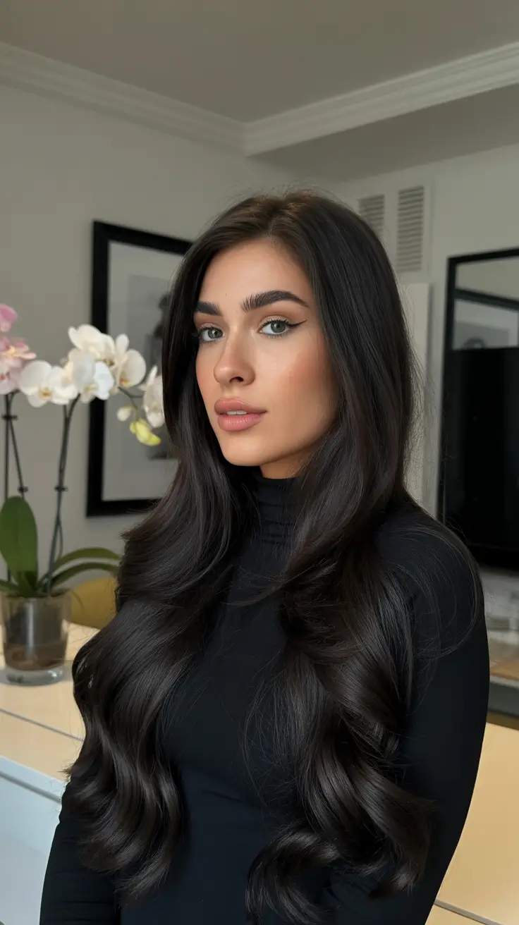 Long Haircut Ideas 2026 Glossy Espresso Curls with Volume