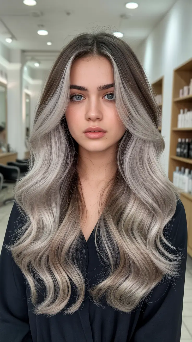 Long Haircut Ideas 2026 Frosted Silver Layers with Curtain Bangs