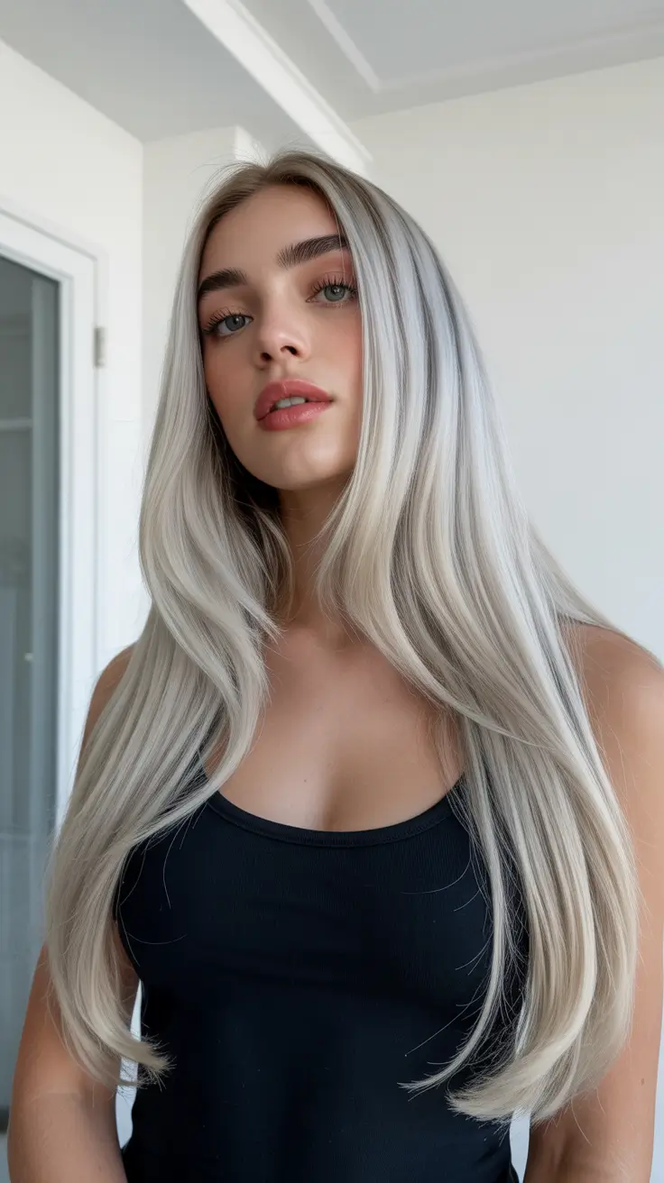 Long Haircut Ideas 2026 Silver Frost Straight Elegance