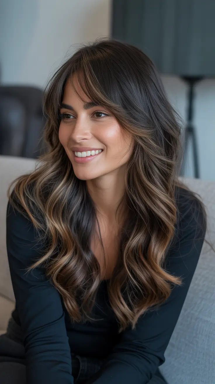 Long Haircut Ideas 2026 Soft Brown Layers with Flix Bangs