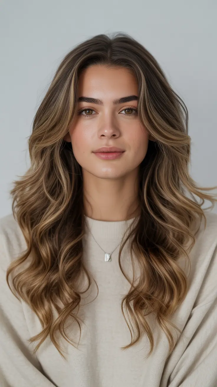 Long Haircut Ideas 2026 Golden Beige Waves with Curtain Layers