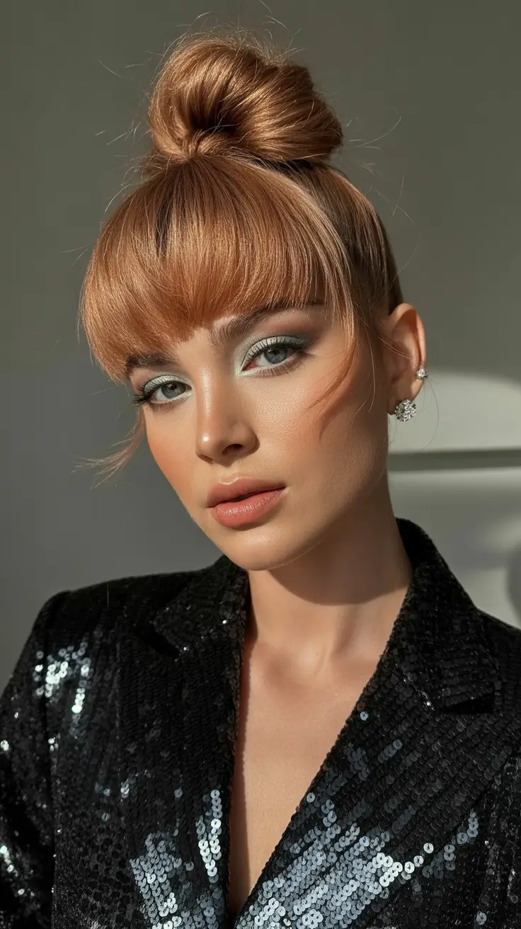 Modern bun hairdos 2026 The top knot with fringe that feels quietly rebellious