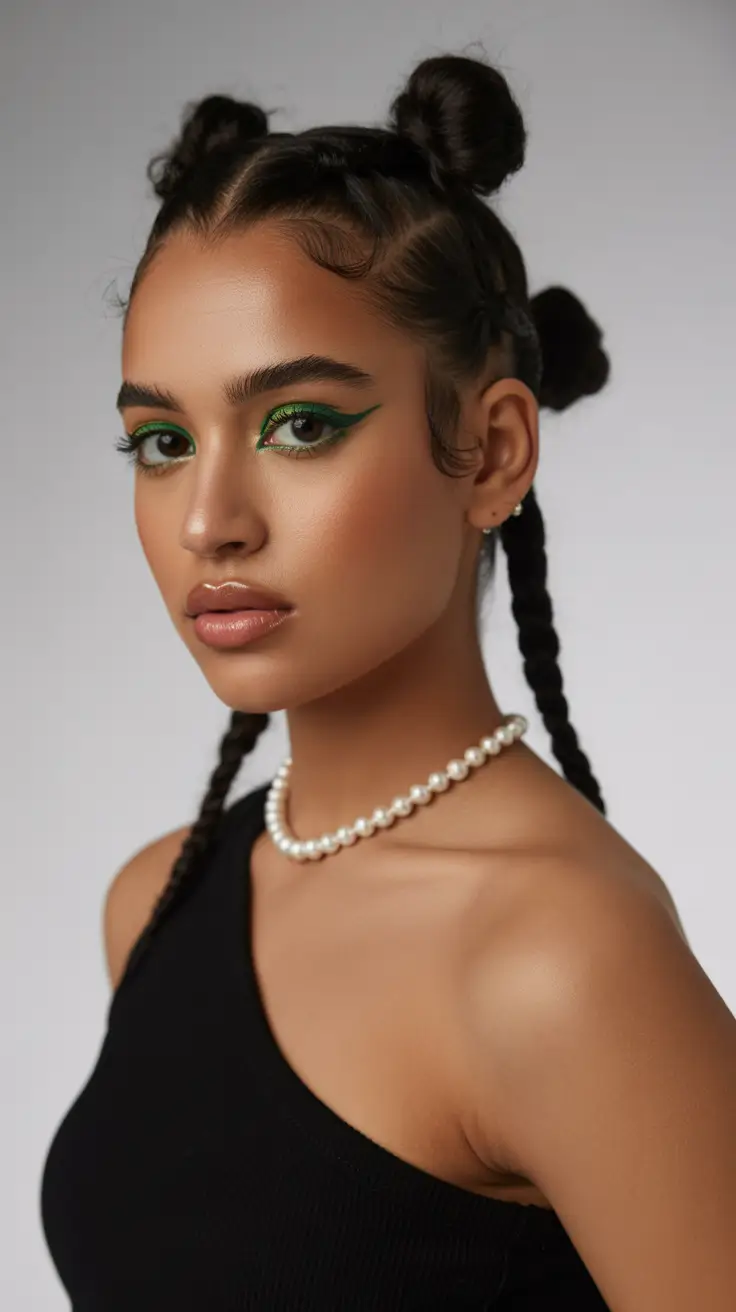 Modern bun hairdos 2026 The bold double bun with graphic braids and attitude