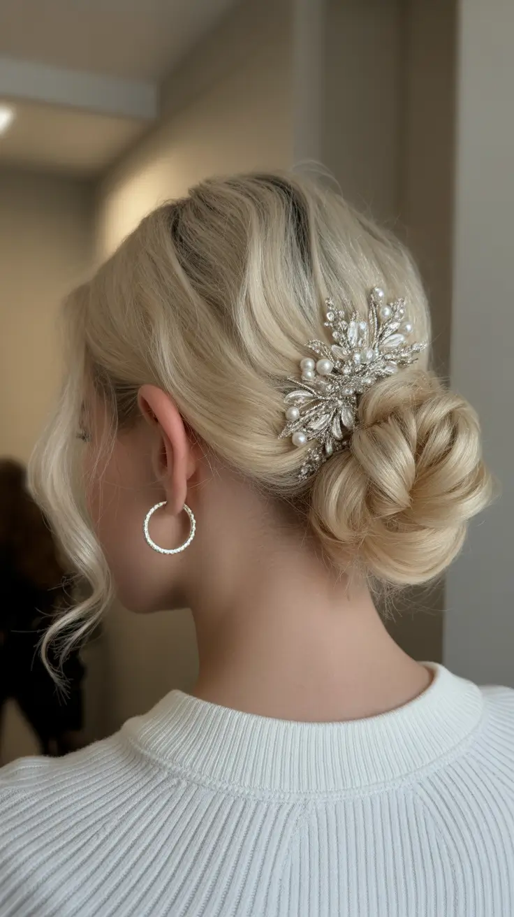Modern bun hairdos 2026 The embellished low bun with refined bridal detail