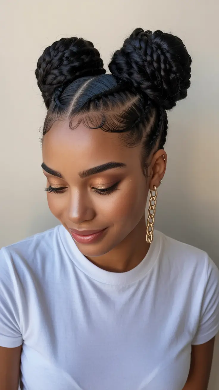 Modern bun hairdos 2026 The braided double bun with sculptural confidence