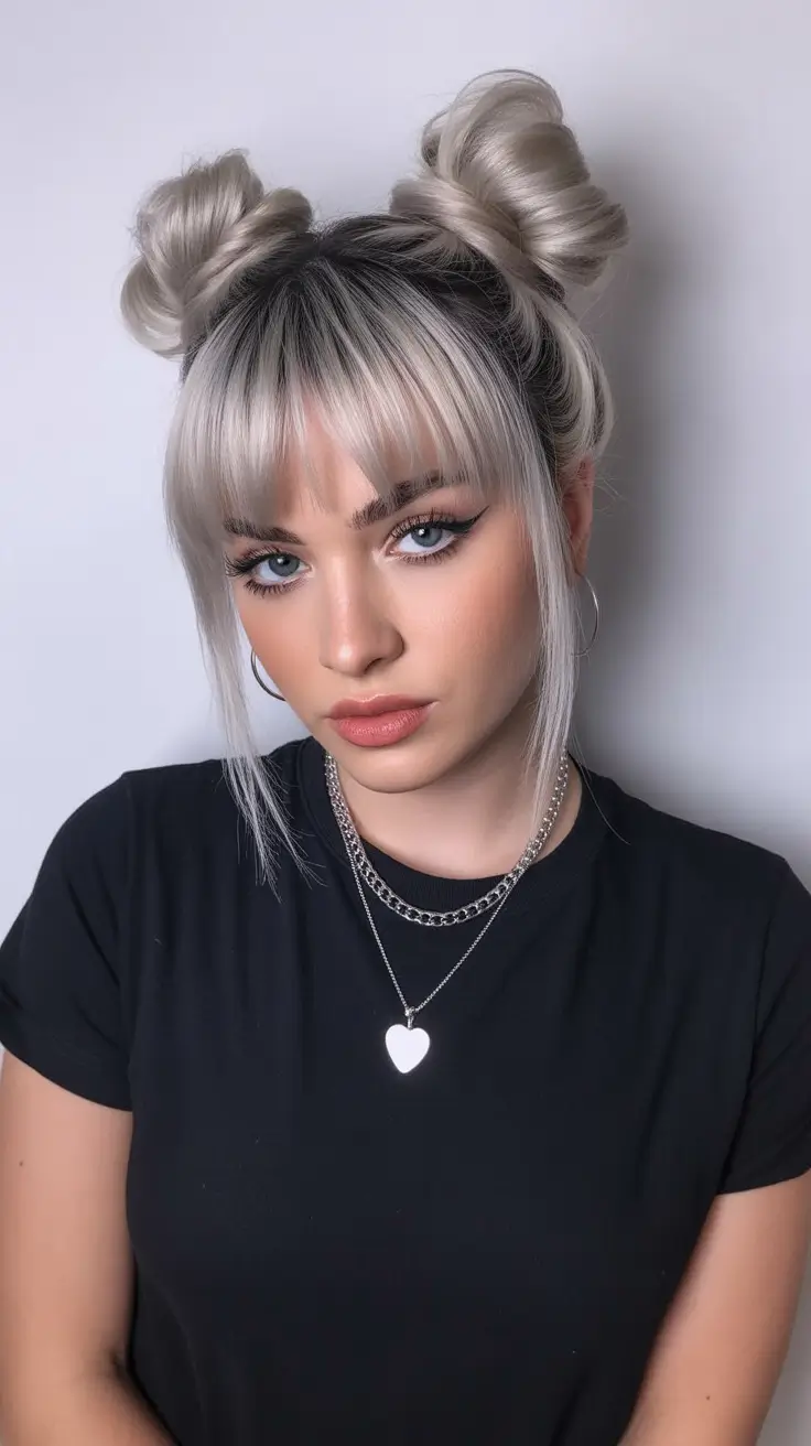 Modern bun hairdos 2026 The playful space buns with soft fringe energy
