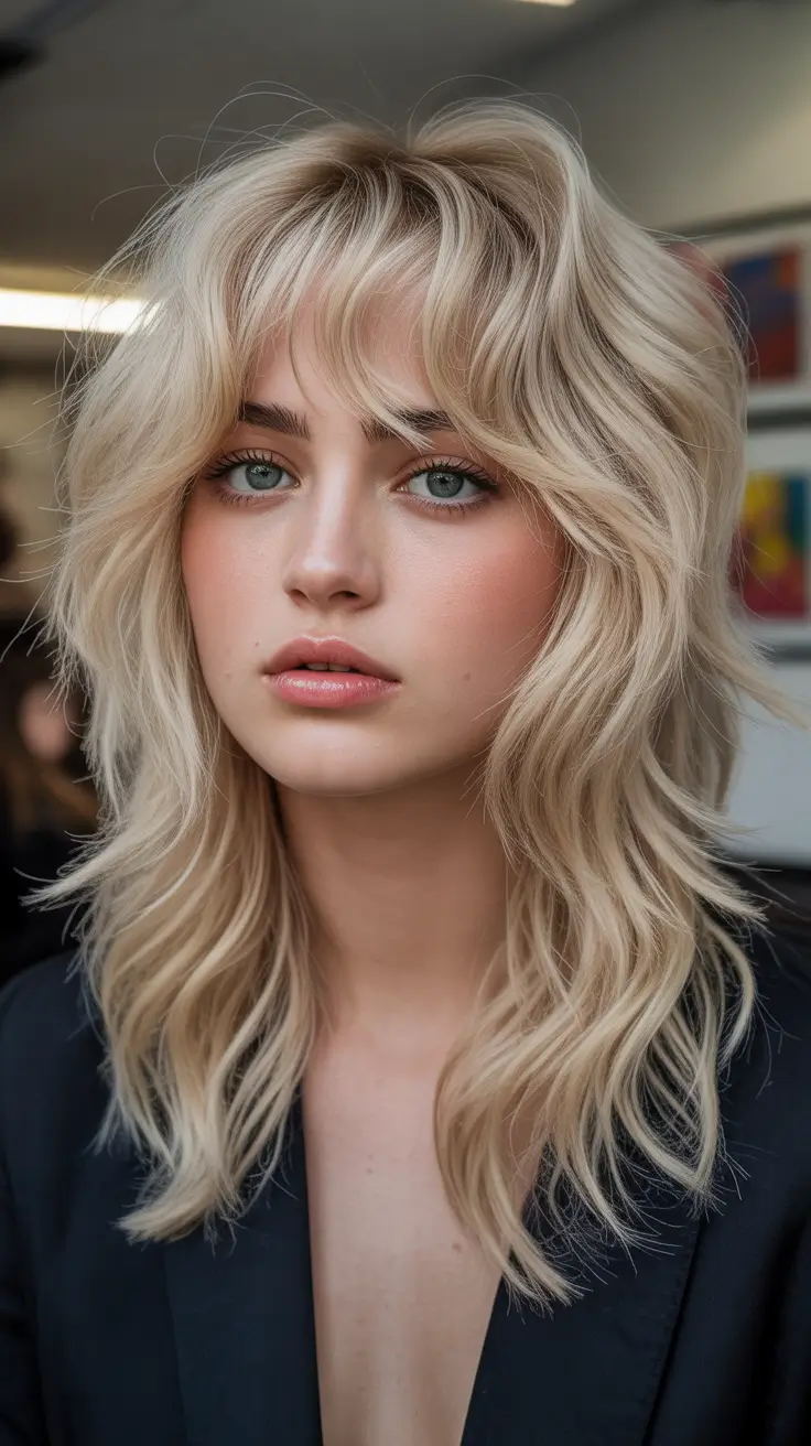 Modern medium length haircuts 2026 Feathered Blonde Wolf Layers