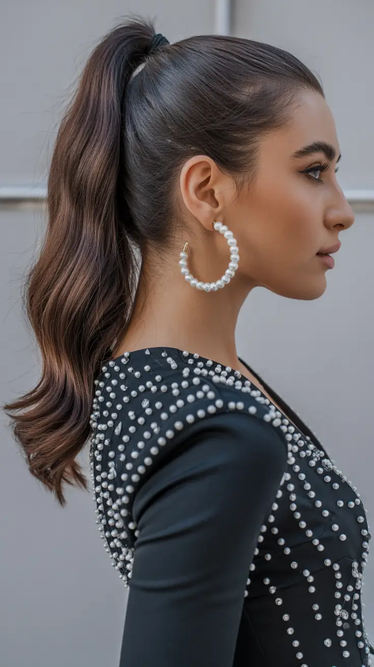 Modern ponytail hairstyles 2026 Pearl-Trimmed Soft Wave Ponytail