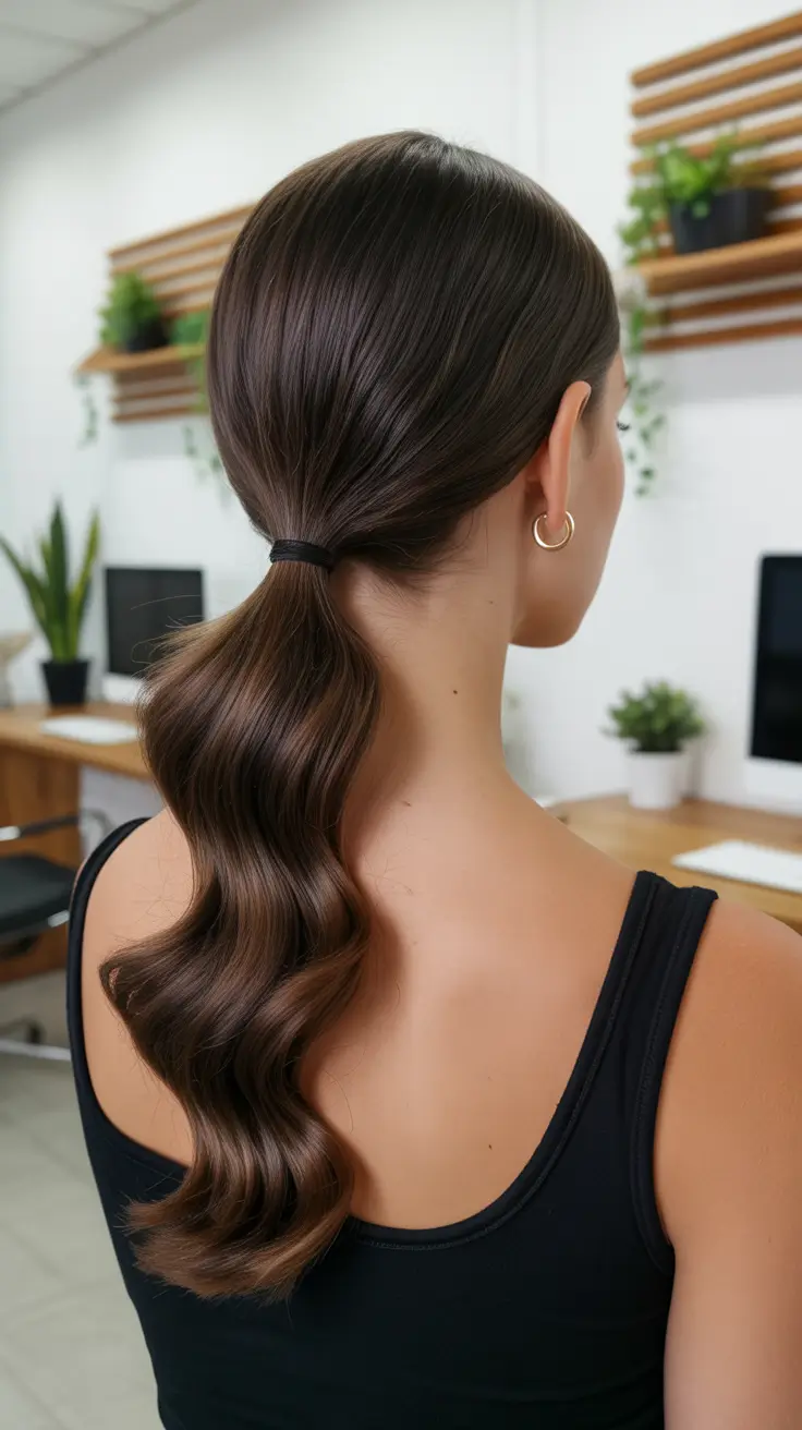 Modern ponytail hairstyles 2026 Polished Brunette Low Wave Ponytail