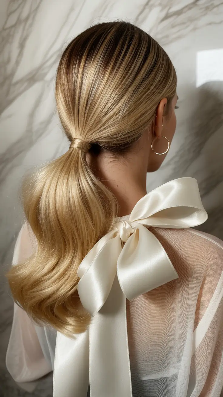 Modern ponytail hairstyles 2026 Silky Low Pony with Satin Bow Detail