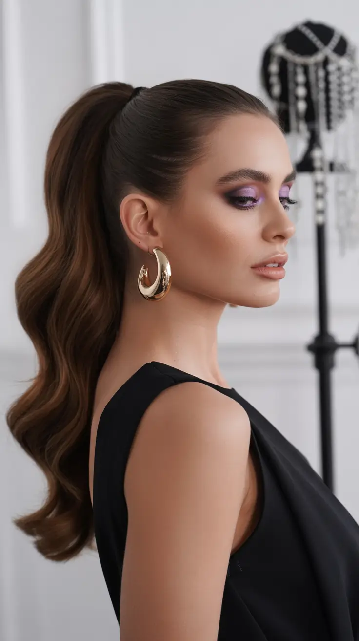 Modern ponytail hairstyles 2026 Dimensional Brunette Wave Ponytail