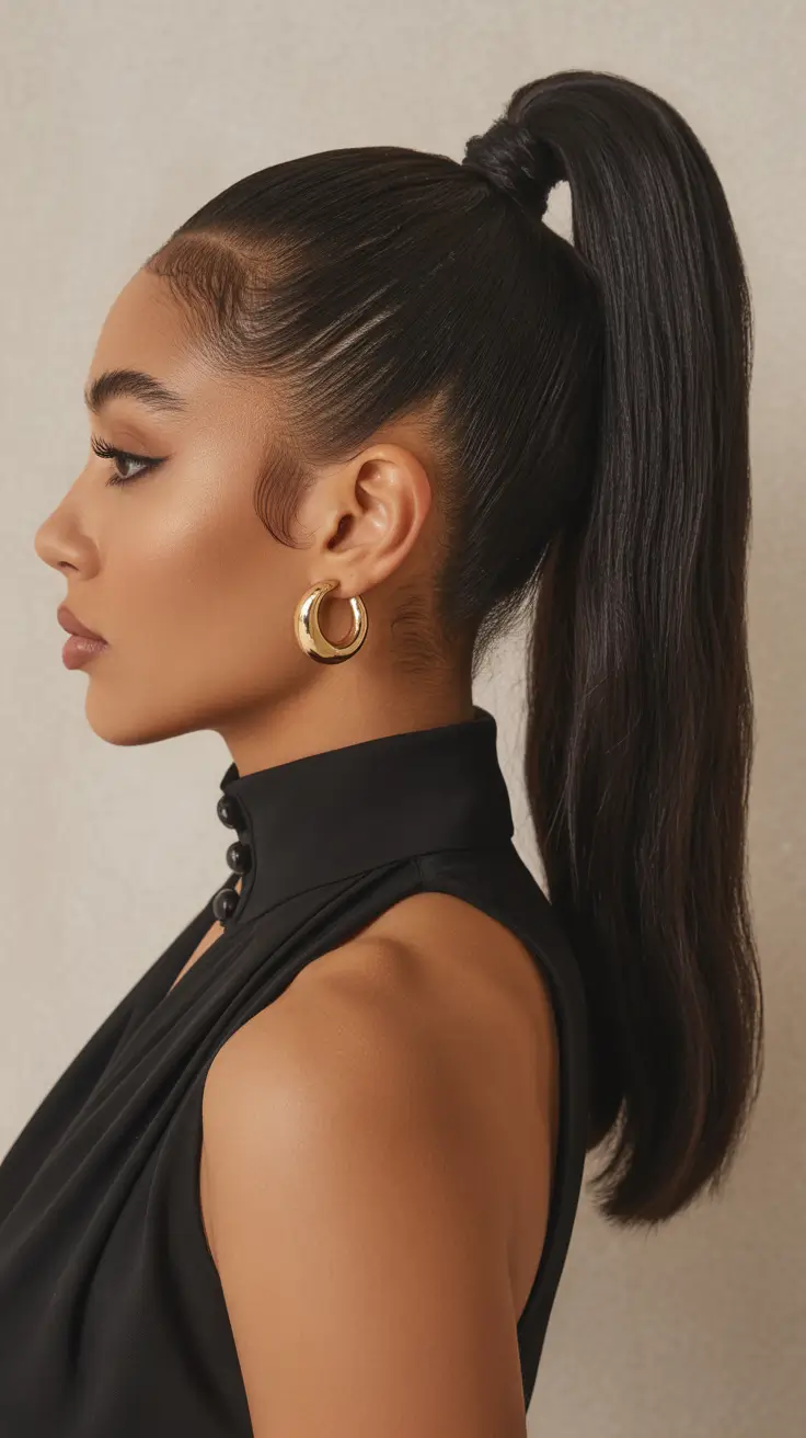 Modern ponytail hairstyles 2026 High Gloss Jet-Black Structured Ponytail