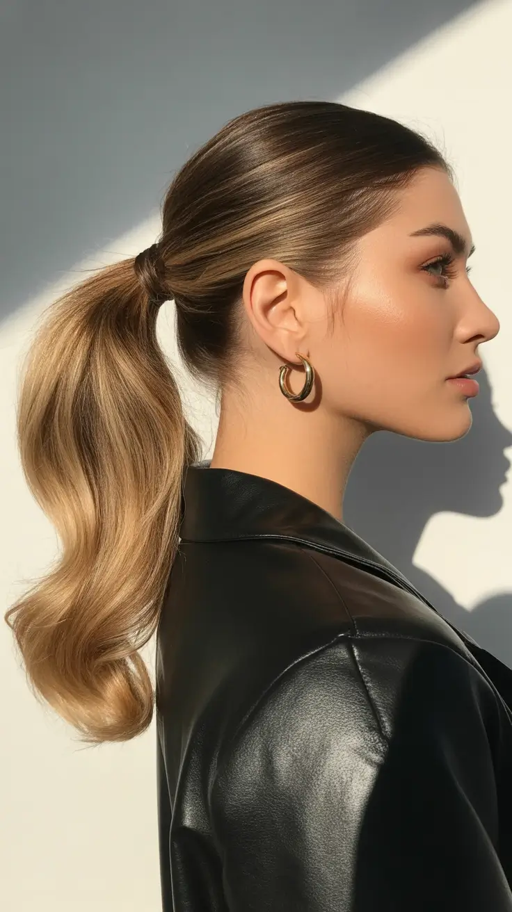 Modern ponytail hairstyles 2026 Golden Hour Sleek Mid-Ponytail