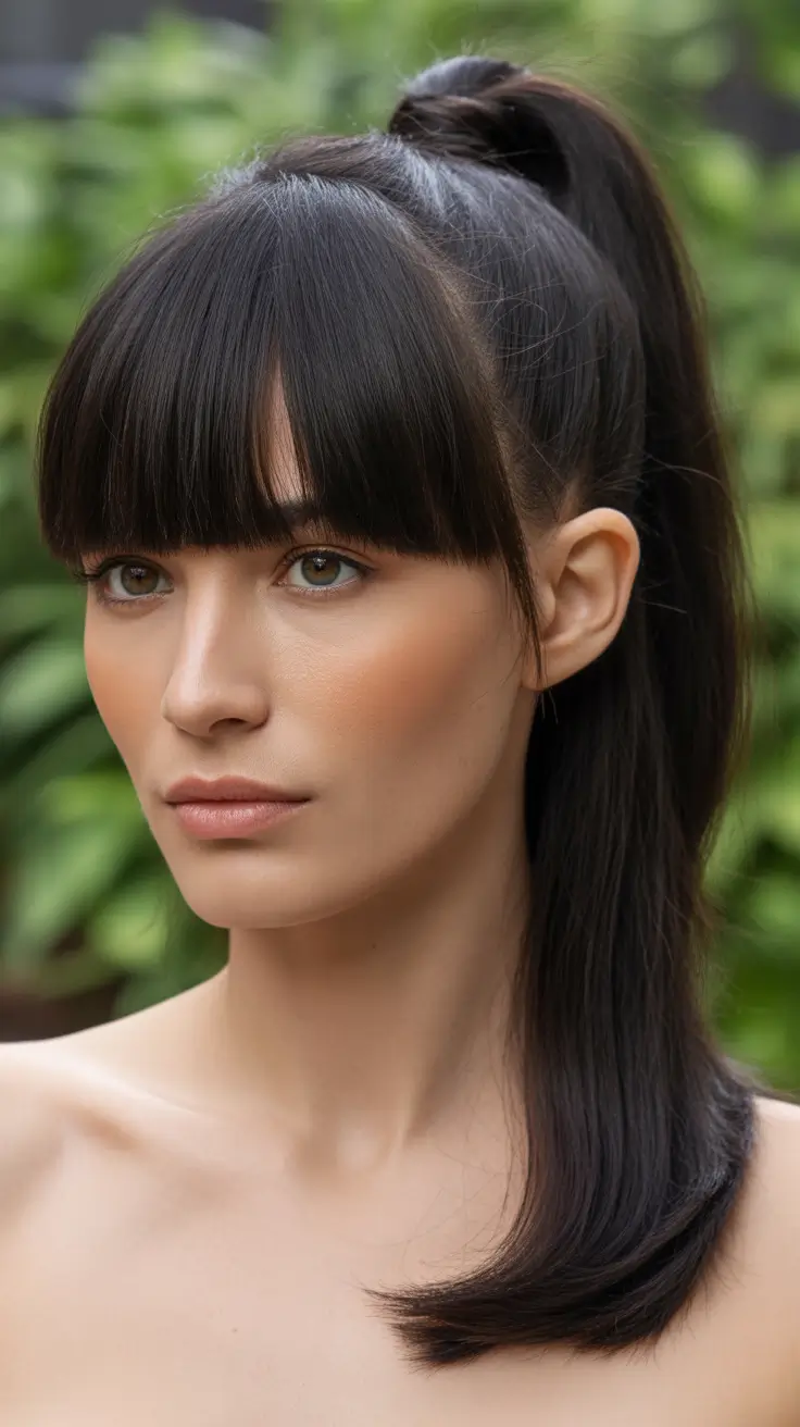 Modern ponytail hairstyles 2026 Soft Black Ponytail with Blunt Bangs