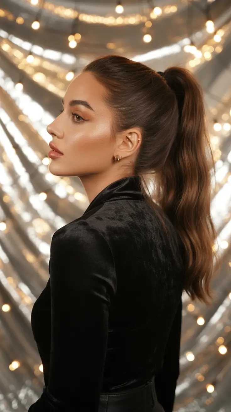 Modern ponytail hairstyles 2026 Evening Metallic Glow Ponytail