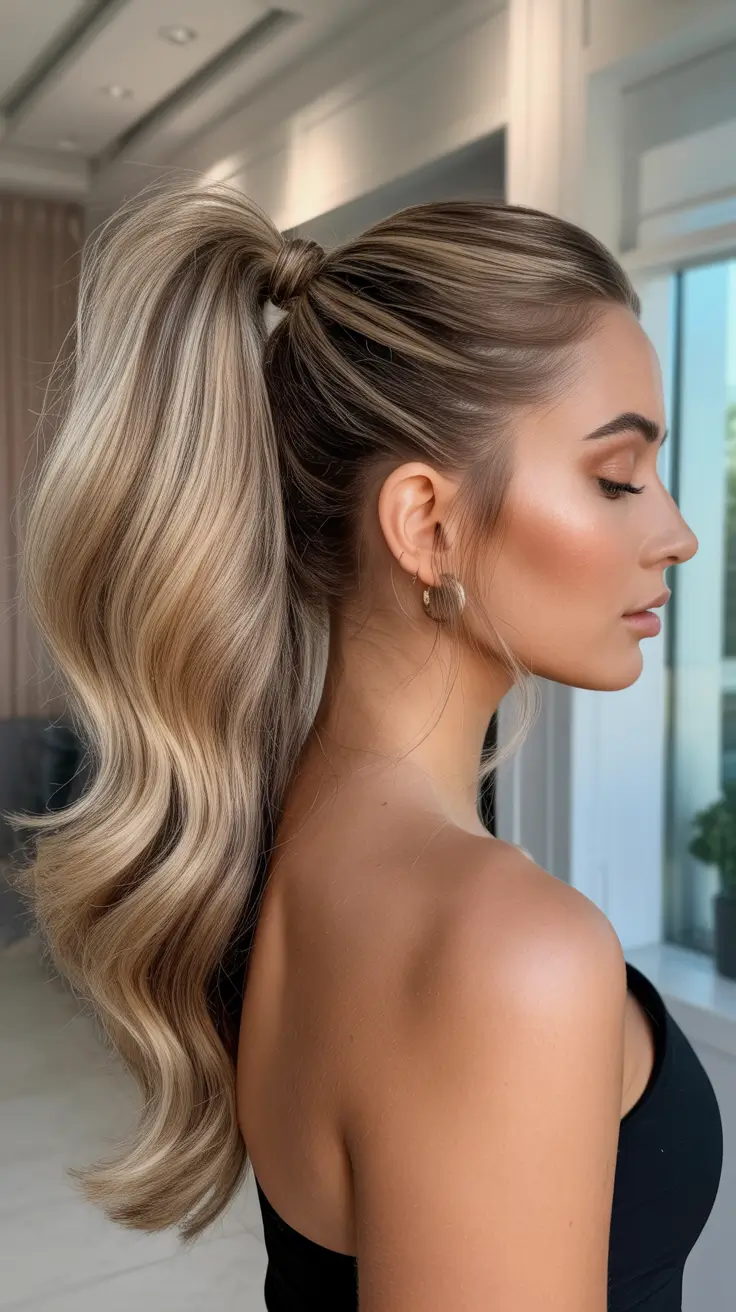 Modern ponytail hairstyles 2026 Voluminous Blonde Wave Ponytail