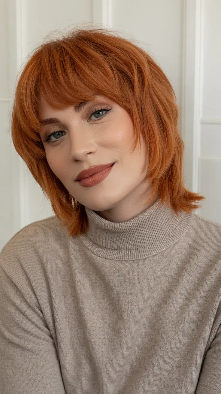 Modern shag hairstyles 2026 Soft Copper Short Shag With Feathered Bangs