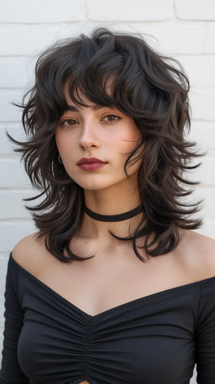 Modern shag hairstyles 2026 Dark Wavy Shag With Edgy Alt Details