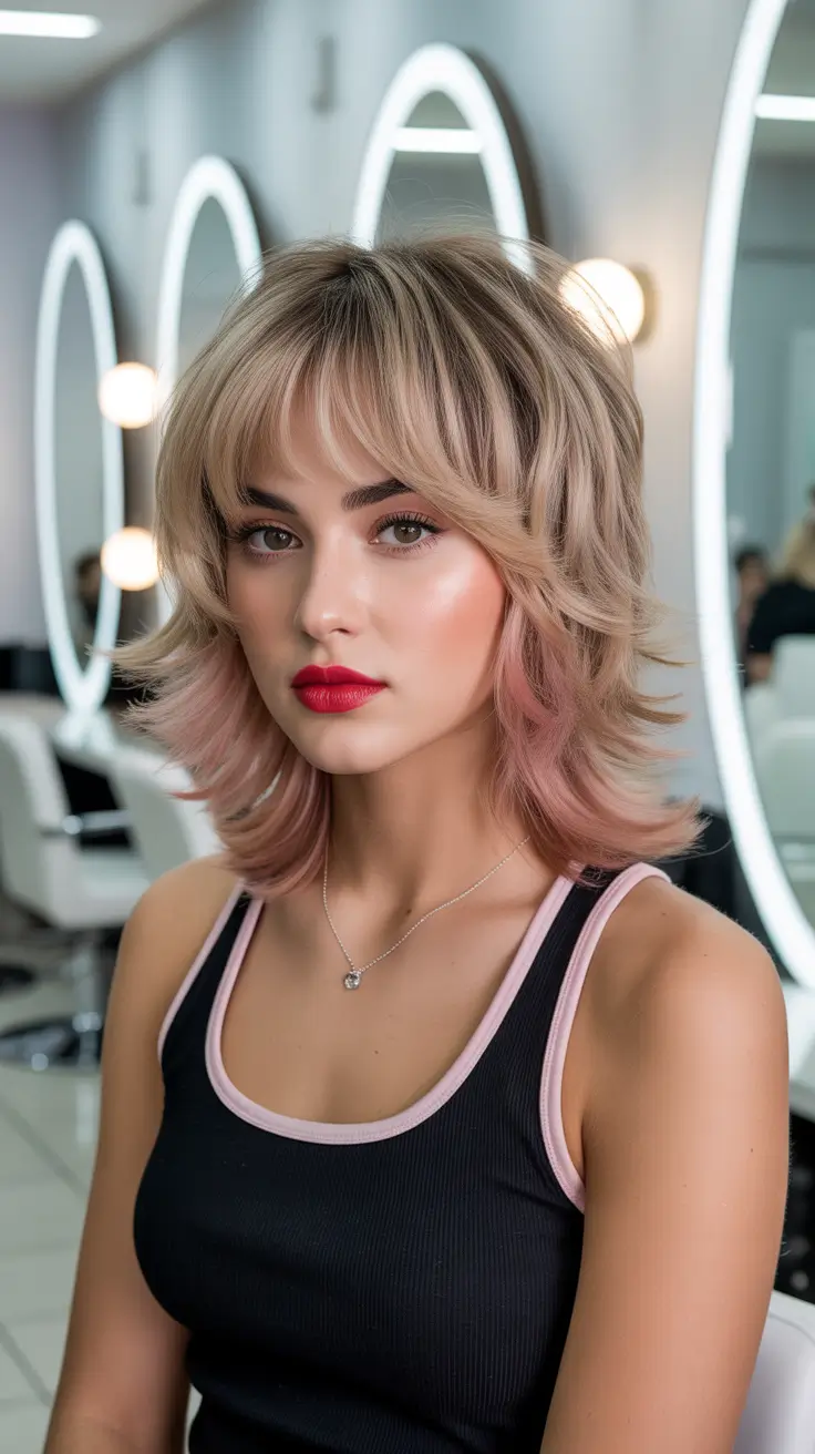 Modern shag hairstyles 2026 Medium Shag With Subtle Pink Tones And Soft Bangs
