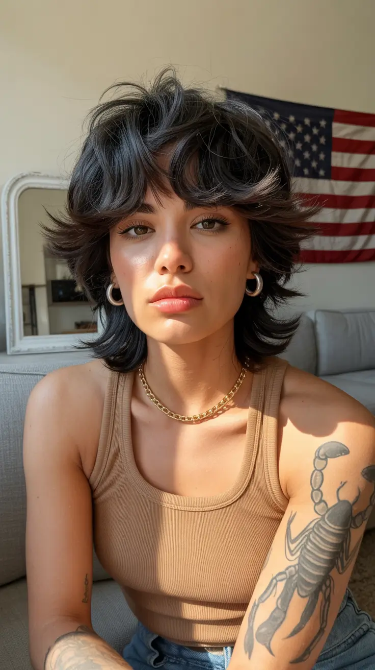 Modern shag hairstyles 2026 Short Dark Shag With Soft Rockstar Texture