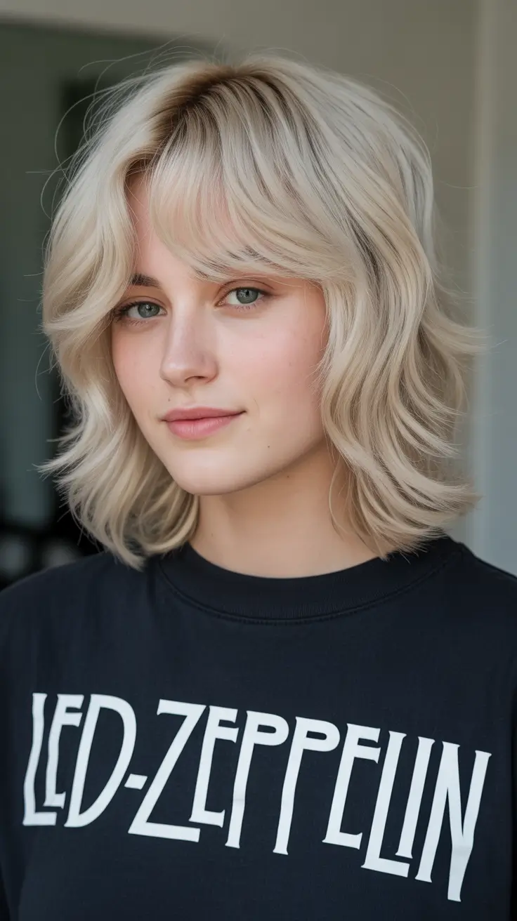 Modern shag hairstyles 2026 Medium Blonde Shag With Soft Waves And Effortless Bangs