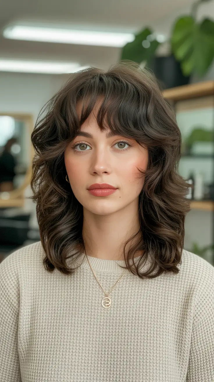 Modern shag hairstyles 2026 Medium Shag With Polished Waves And Classic Fringe