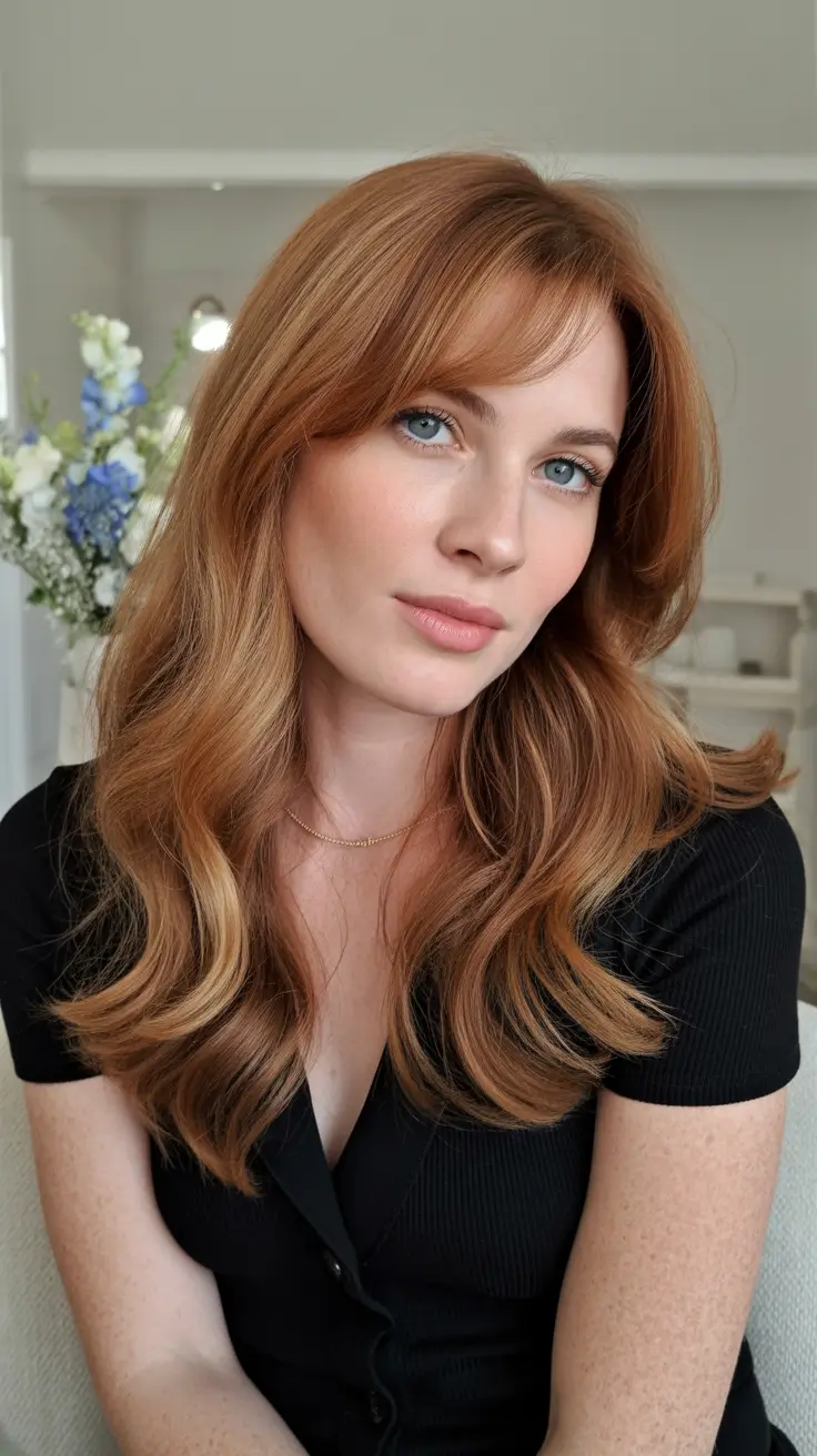 Modern wavy haircuts 2026 Soft Ginger Layers with Bangs