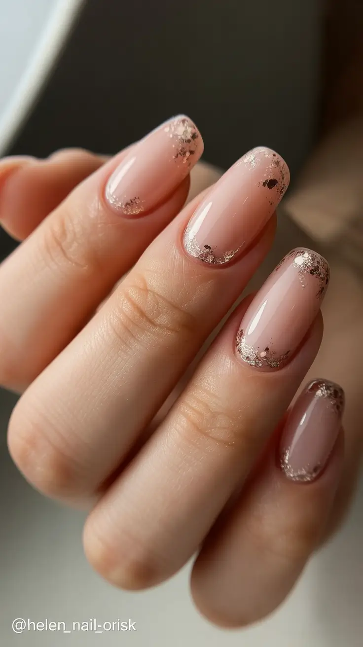 nude nail designs 2026 Soft Gold-Touched Nude Glow