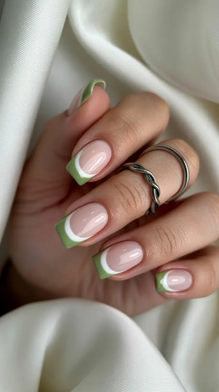 nude nail designs 2026 Fresh Green and White Geometric French