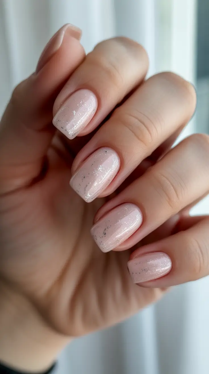 nude nail designs 2026 Soft Shimmer Nude With Silver Flecks