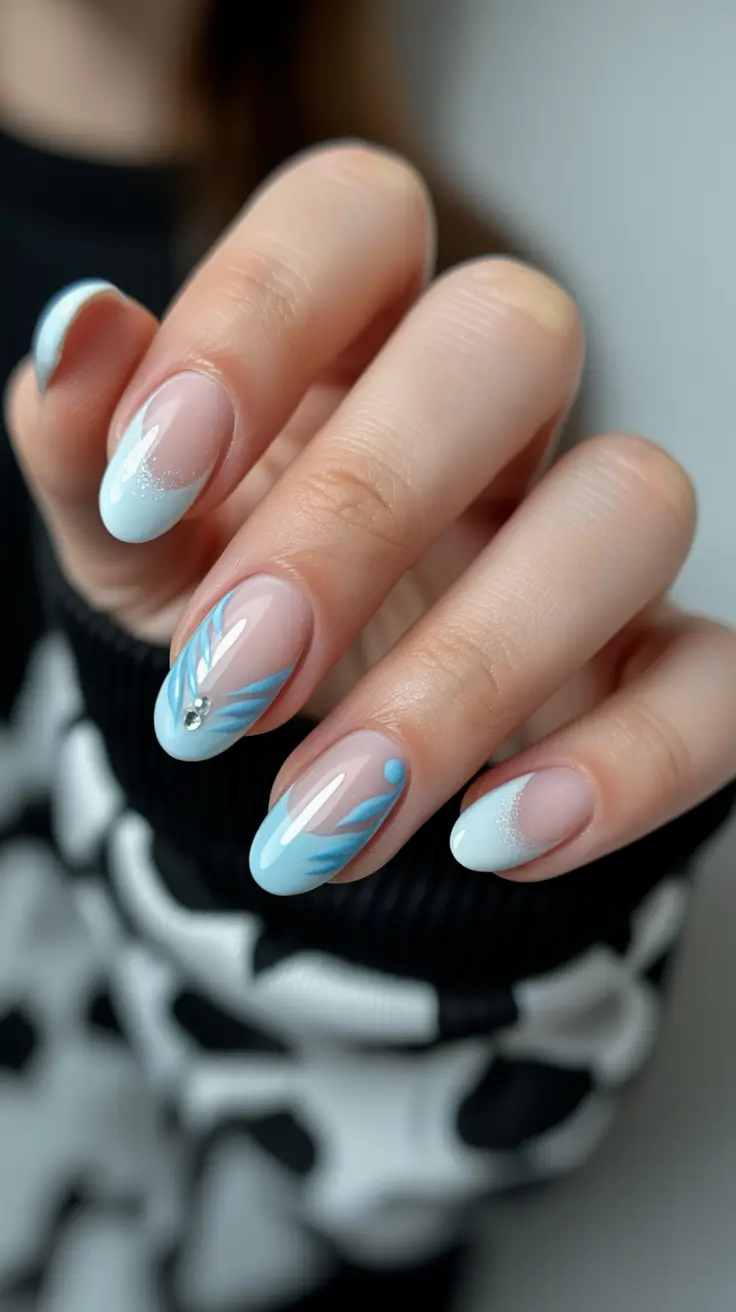 nude nail designs 2026 Frosted Blue Accents on Nude Almonds