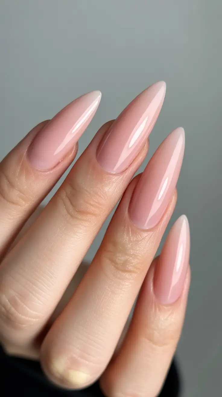 nude nail designs 2026 Glossy Sculpted Pink Almonds