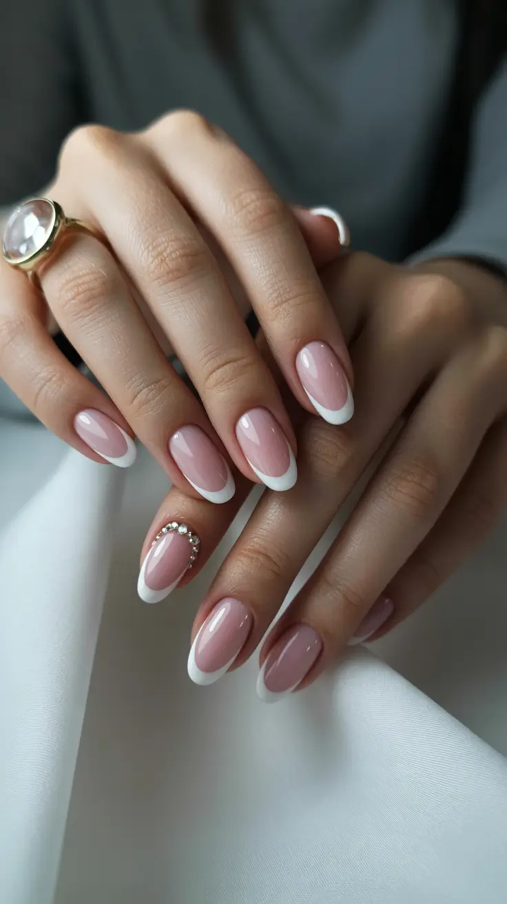 nude nail designs 2026 Classic French Almond With Pearl Accent