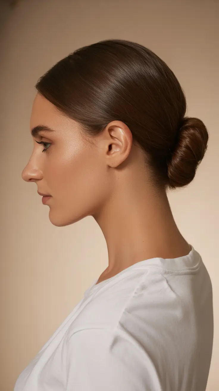 Quick hairstyle ideas 2026 Minimalist Low Coil Bun with Clean Parting