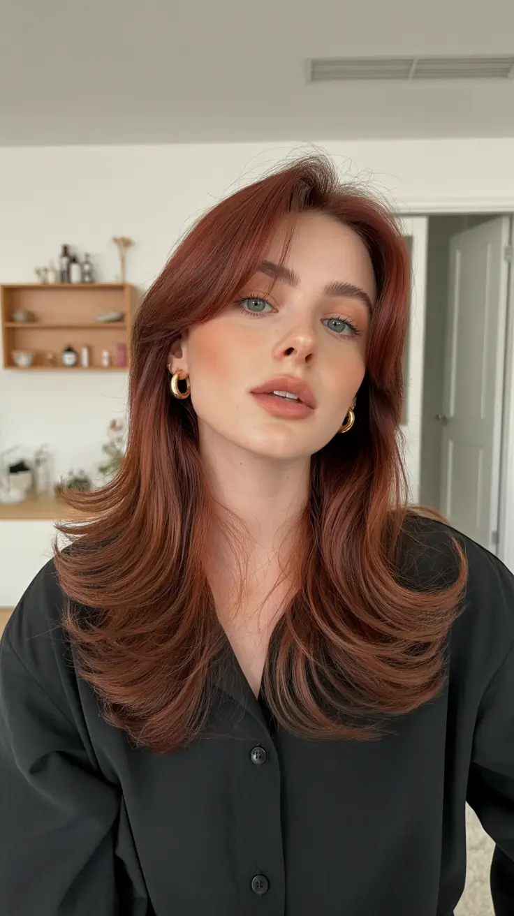 Quick hairstyle ideas 2026 Feathered Copper Layers with Soft Curtain Bangs