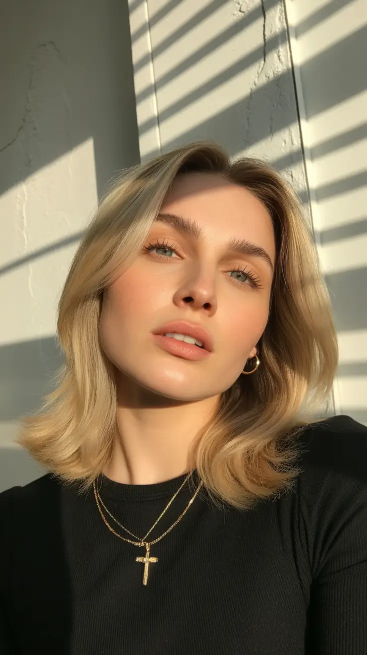 Quick hairstyle ideas 2026 Golden Sunrise Flip with Soft Face-Framing