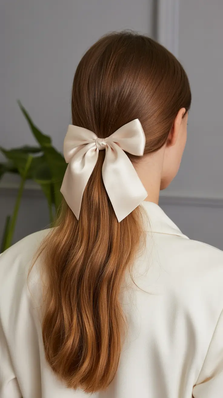 Quick hairstyle ideas 2026 Low Ribboned Half-Tail with Minimal Waves