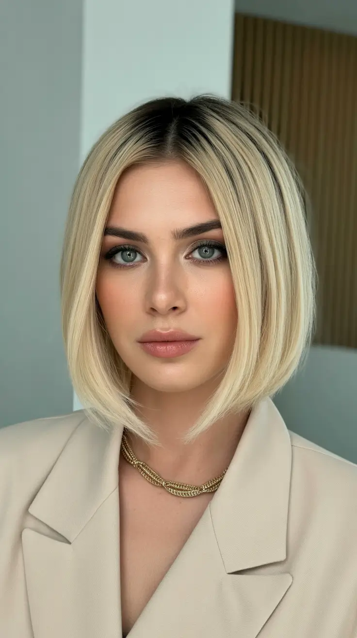 Quick hairstyle ideas 2026 Structured Platinum Bob with Clean Center Part