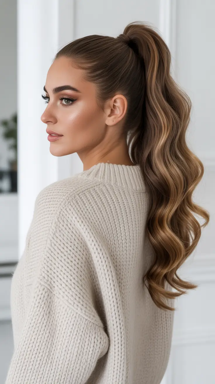 Quick hairstyle ideas 2026 High Volume Ponytail with Cascading Waves